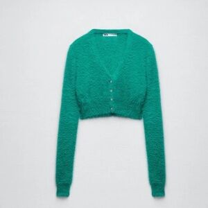 Zara NWT teal fluffy faux fur rhinestone buttons cropped cardigan sweater